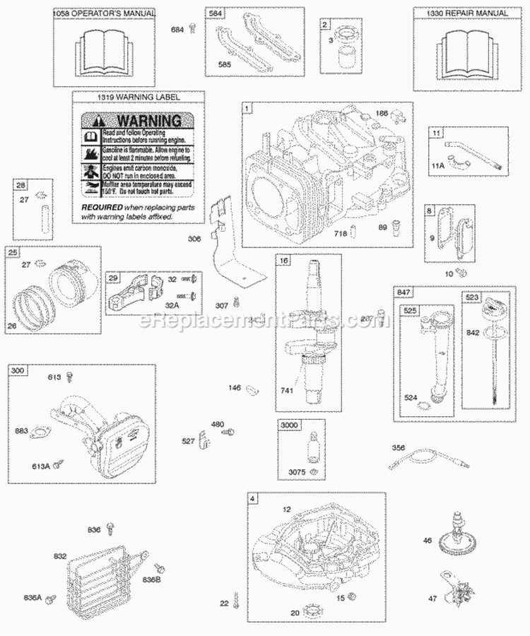 Cylinder Piston Crankshaft OperatorS Manual Muffler Crankcase CoverSump Lubrication Diagram and Parts List for 12Y602-0110-E2  Briggs and Stratton Engine